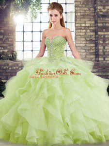 Custom Fit Yellow Green Sleeveless Tulle Brush Train Lace Up 15th Birthday Dress for Military Ball and Sweet 16 and Quinceanera