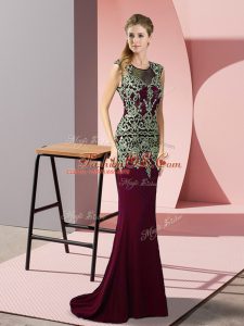 Popular Scoop Sleeveless Sweep Train Zipper Celebrity Dress Burgundy Satin