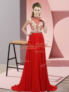 Beauteous Red Backless Halter Top Beading Womens Evening Dresses Chiffon Sleeveless Brush Train
