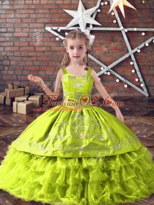 Yellow Green Satin and Organza Lace Up Little Girls Pageant Dress Sleeveless Floor Length Embroidery and Ruffled Layers