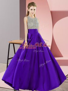 Cute Purple Elastic Woven Satin Backless Scoop Sleeveless Floor Length Celebrity Dress Beading