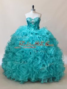 Inexpensive Aqua Blue Quinceanera Gowns Ruffles and Sequins Sleeveless Floor Length