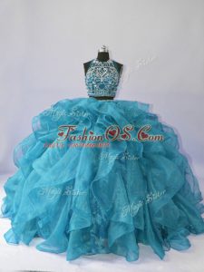 Dramatic Teal Halter Top Neckline Beading and Ruffles 15 Quinceanera Dress Sleeveless Backless
