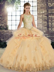 Customized Champagne Scoop Lace Up Lace and Embroidery and Ruffles 15th Birthday Dress Sleeveless