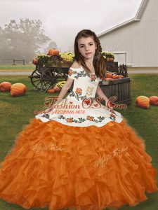 Orange Straps Lace Up Embroidery and Ruffles Little Girls Pageant Dress Sleeveless