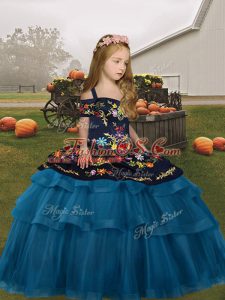 Teal Ball Gowns Embroidery and Ruffled Layers Little Girls Pageant Gowns Lace Up Tulle Sleeveless Floor Length