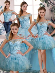 Beautiful Floor Length Light Blue Sweet 16 Dresses Organza Sleeveless Beading and Ruffles