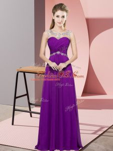 Flirting Floor Length Backless Prom Dress Eggplant Purple for Prom and Party and Military Ball with Beading