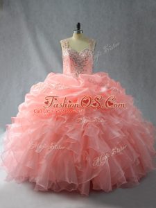 Floor Length Peach Quinceanera Gowns Straps Sleeveless Zipper