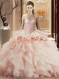 Organza Halter Top Sleeveless Brush Train Lace Up Beading and Ruffles Ball Gown Prom Dress in Pink