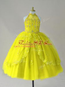 Great Yellow Ball Gowns Tulle High-neck Sleeveless Beading and Appliques Floor Length Lace Up Child Pageant Dress