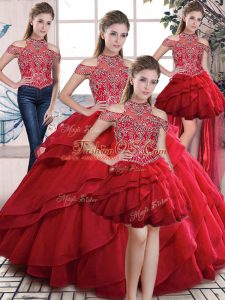 Red Sleeveless Beading and Ruffles Floor Length Quinceanera Gown