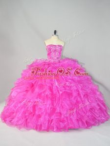 Hot Pink Sleeveless Court Train Beading and Ruffles Quinceanera Gowns