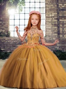 Sweet Floor Length Brown Little Girl Pageant Dress Tulle Sleeveless Beading