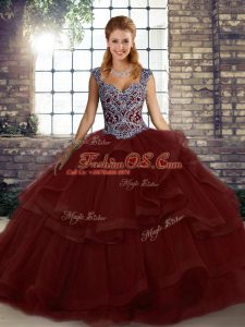 Beading and Ruffles Sweet 16 Dresses Burgundy Lace Up Sleeveless Floor Length
