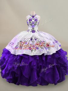 Pretty Floor Length Lace Up Vestidos de Quinceanera White And Purple for Sweet 16 and Quinceanera with Embroidery and Ruffles