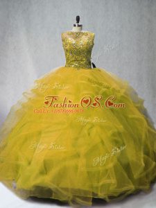 Olive Green Quinceanera Dress Tulle Court Train Sleeveless Beading and Ruffles