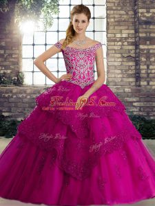 Cute Brush Train Ball Gowns Sweet 16 Dresses Fuchsia Off The Shoulder Tulle Sleeveless Lace Up