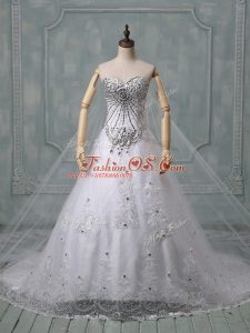 Cute White Sweetheart Neckline Beading and Lace Wedding Dresses Sleeveless Lace Up