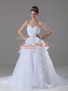 Dazzling White Sleeveless Brush Train Beading and Ruffles Bridal Gown