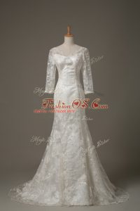 V-neck 3 4 Length Sleeve Brush Train Lace Up Wedding Dress White Lace