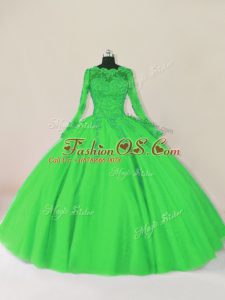 Superior Green Ball Gowns Tulle Scalloped Long Sleeves Lace Floor Length Zipper Vestidos de Quinceanera
