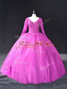 Fuchsia Long Sleeves Tulle Lace Up Quinceanera Dresses for Sweet 16 and Quinceanera