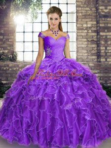 Lavender Quinceanera Gown Military Ball and Sweet 16 and Quinceanera with Beading and Ruffles Off The Shoulder Sleeveless Brush Train Lace Up
