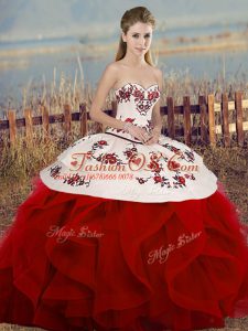 Customized Floor Length White And Red Vestidos de Quinceanera Tulle Sleeveless Embroidery and Ruffles and Bowknot