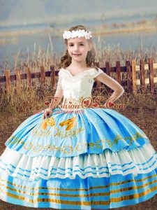 Sleeveless Lace Up Floor Length Embroidery Little Girl Pageant Gowns