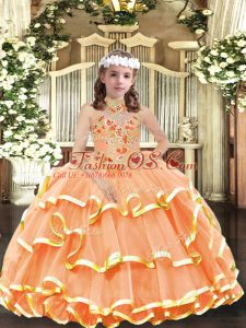Orange Lace Up Pageant Dress Toddler Appliques and Ruffled Layers Sleeveless Floor Length