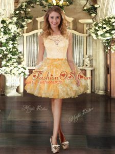 Fashionable Gold Zipper Scoop Lace and Ruffles Prom Party Dress Organza Sleeveless
