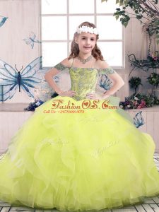 Beading and Ruffles Little Girls Pageant Gowns Yellow Green Lace Up Sleeveless Floor Length