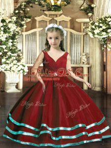 Ball Gowns Pageant Gowns For Girls Wine Red V-neck Organza Sleeveless Floor Length Backless