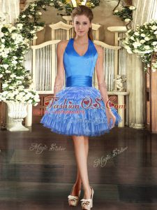 Blue Lace Up Club Wear Beading and Ruffled Layers Sleeveless Mini Length