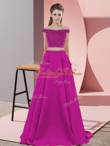 Delicate Fuchsia Two Pieces Beading Celebrity Prom Dress Backless Elastic Woven Satin Sleeveless
