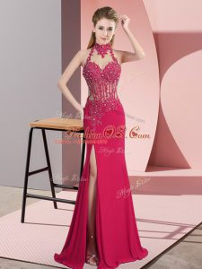 Amazing Hot Pink Halter Top Neckline Beading Prom Gown Sleeveless Backless