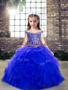 Perfect Royal Blue Ball Gowns Off The Shoulder Sleeveless Tulle Floor Length Lace Up Beading and Ruffles Little Girls Pageant Gowns