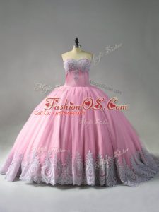 Super Lace Up Quinceanera Dress Pink for Sweet 16 and Quinceanera with Beading and Appliques Court Train