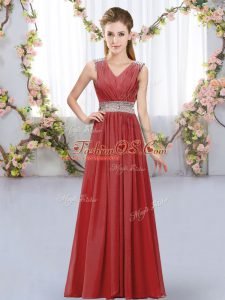 High Quality Wine Red Chiffon Lace Up Dama Dress for Quinceanera Sleeveless Floor Length Beading and Belt