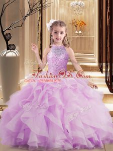 Lilac Tulle Lace Up Little Girls Pageant Dress Wholesale Sleeveless Floor Length Beading