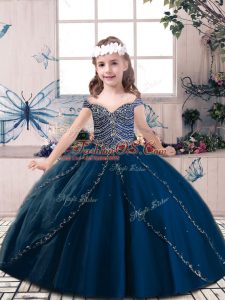 Trendy Navy Blue Sleeveless Beading Floor Length Pageant Gowns For Girls