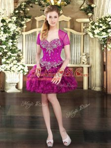 Sleeveless Organza Mini Length Lace Up Prom Party Dress in Fuchsia with Beading and Ruffles