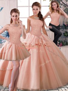 Traditional Brush Train Three Pieces Quince Ball Gowns Peach Off The Shoulder Tulle Sleeveless Lace Up