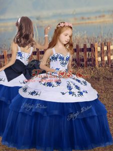 Excellent Blue Ball Gowns Tulle Straps Sleeveless Embroidery Floor Length Lace Up Child Pageant Dress