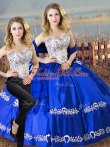 Satin and Organza Sweetheart Sleeveless Lace Up Beading and Embroidery Quinceanera Dresses in Royal Blue