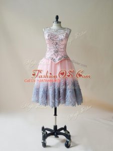 Suitable Scoop Sleeveless Tulle Prom Party Dress Beading and Appliques Lace Up