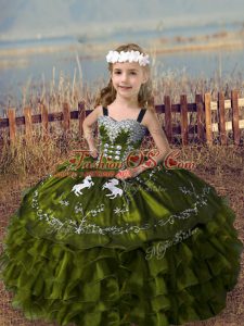 Discount Floor Length Olive Green Kids Pageant Dress Organza Sleeveless Embroidery and Ruffled Layers