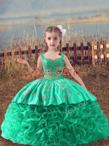 Turquoise Ball Gowns Fabric With Rolling Flowers Straps Sleeveless Embroidery Lace Up Pageant Gowns For Girls Sweep Train