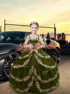 Most Popular Floor Length Olive Green Little Girls Pageant Dress Satin Sleeveless Embroidery